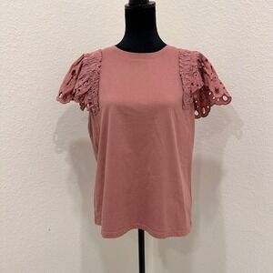 NEW Express Pink Eyelet Lace‎ Cap Sleeve Shirt Top Large